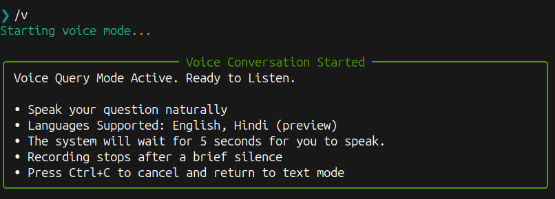 An image showing a screenshot of Samvaad CLI with a voice conversation.