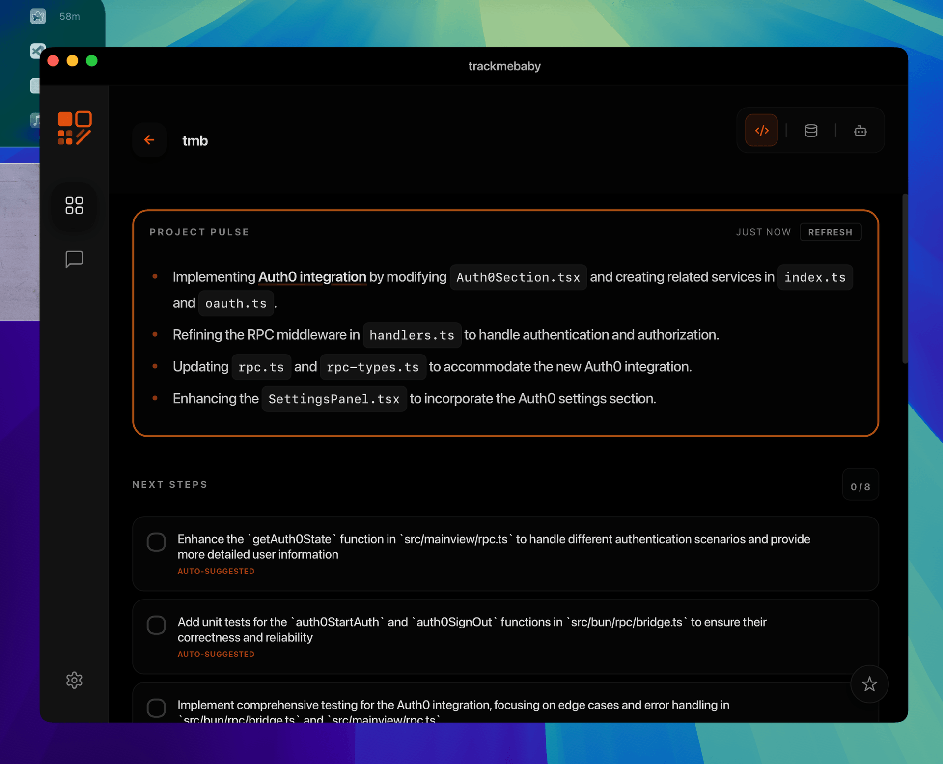 Upper half of Code View showing summary of recent changes and automatic todo
